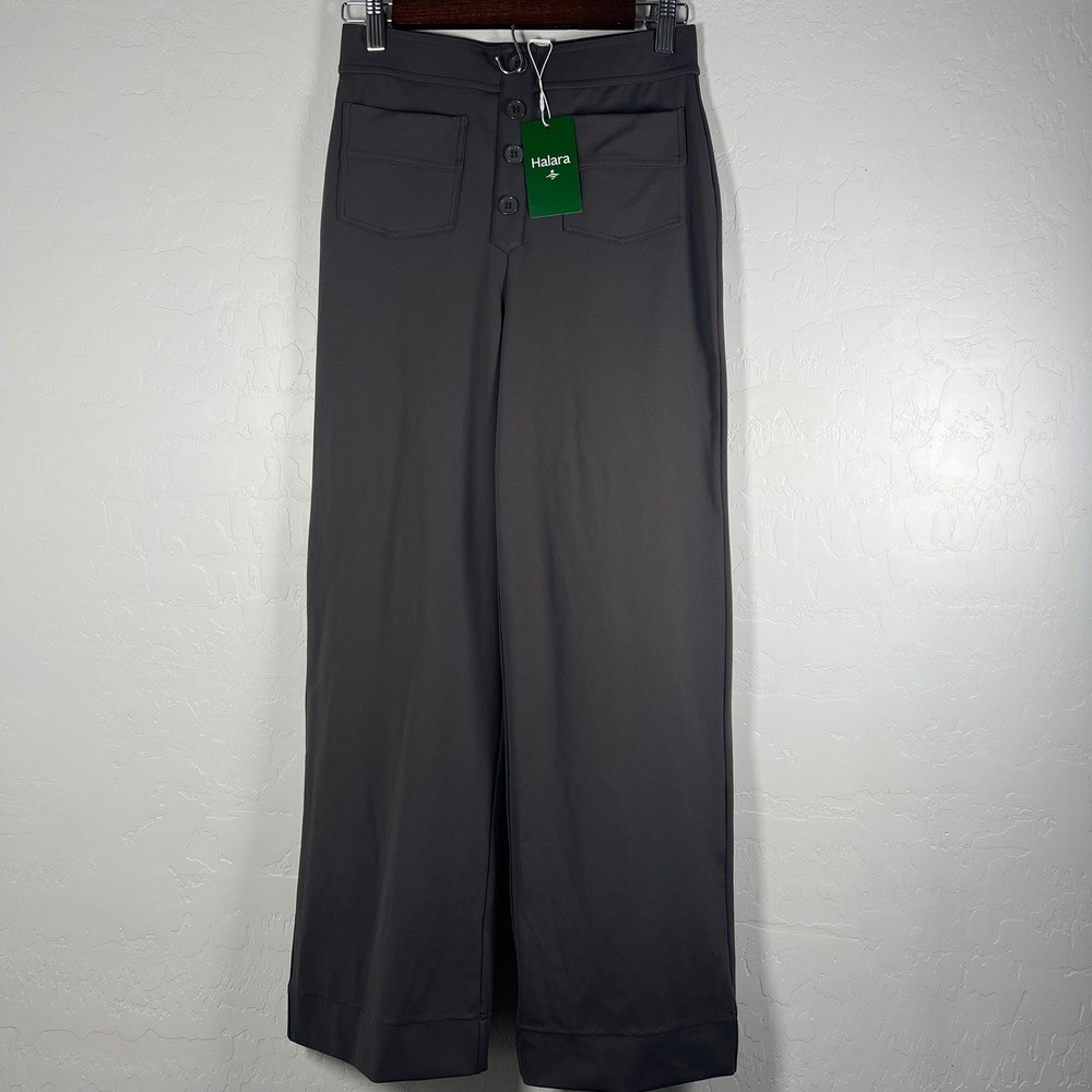 Halara Petite High Waisted Wide Leg Trousers Gray Button Front Pockets S Small